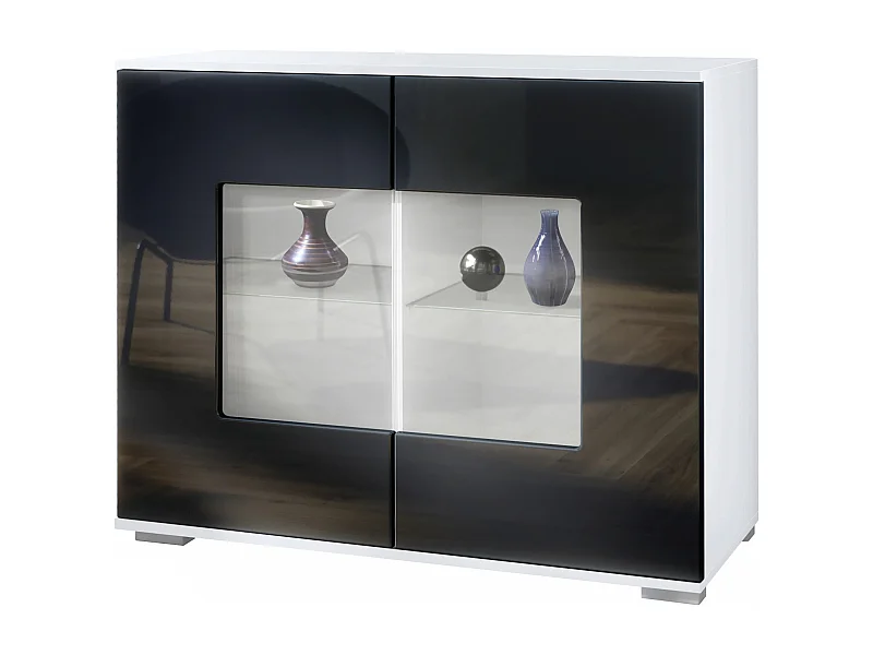 Commode Grömitz V3, Armoire de cuisine moderne avec 2 grandes portes vitrées blanc mat / noir haute brillance (92,5 x 75.5 x 35)