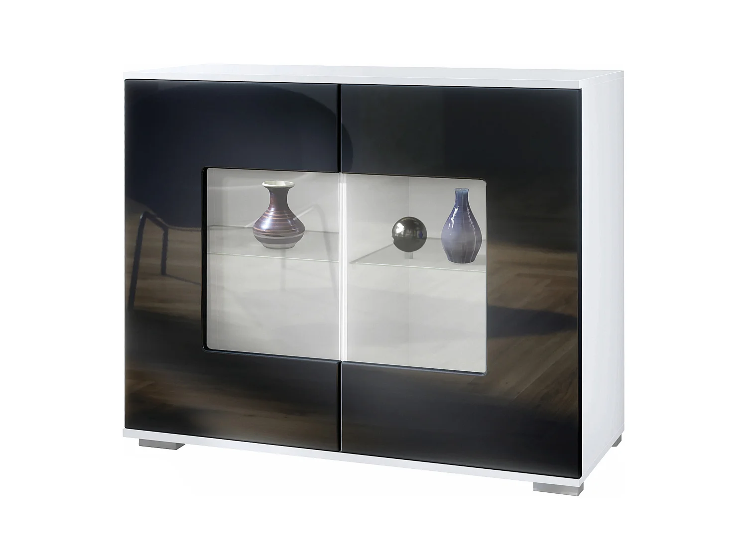 Commode Grömitz V3, Armoire de cuisine moderne avec 2 grandes portes vitrées blanc mat / noir haute brillance (92,5 x 75.5 x 35)