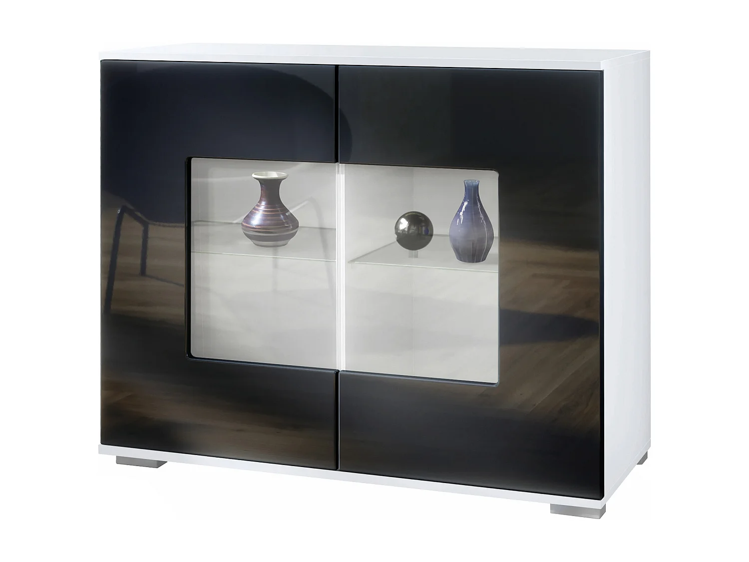 Cassettiera Grömitz V3, Mobile da cucina moderno con 2 grandi ante in vetro bianco opaco / nero lucido (92,5 x 75.5 x 35)