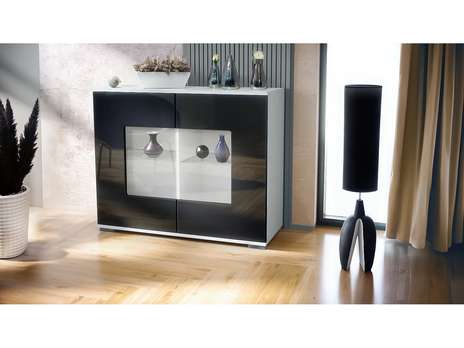 Cassettiera Grömitz V3, Mobile da cucina moderno con 2 grandi ante in vetro bianco opaco / nero lucido (92,5 x 75.5 x 35)