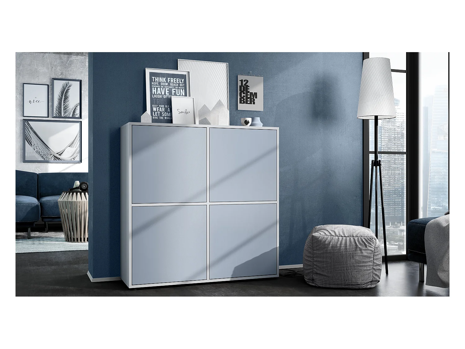 Highboard Cuba V2 Placard 104 x 105,5 x 35,5 cm Buffet à 8 compartiments, caisson en blanc mat / façades en Denim mat