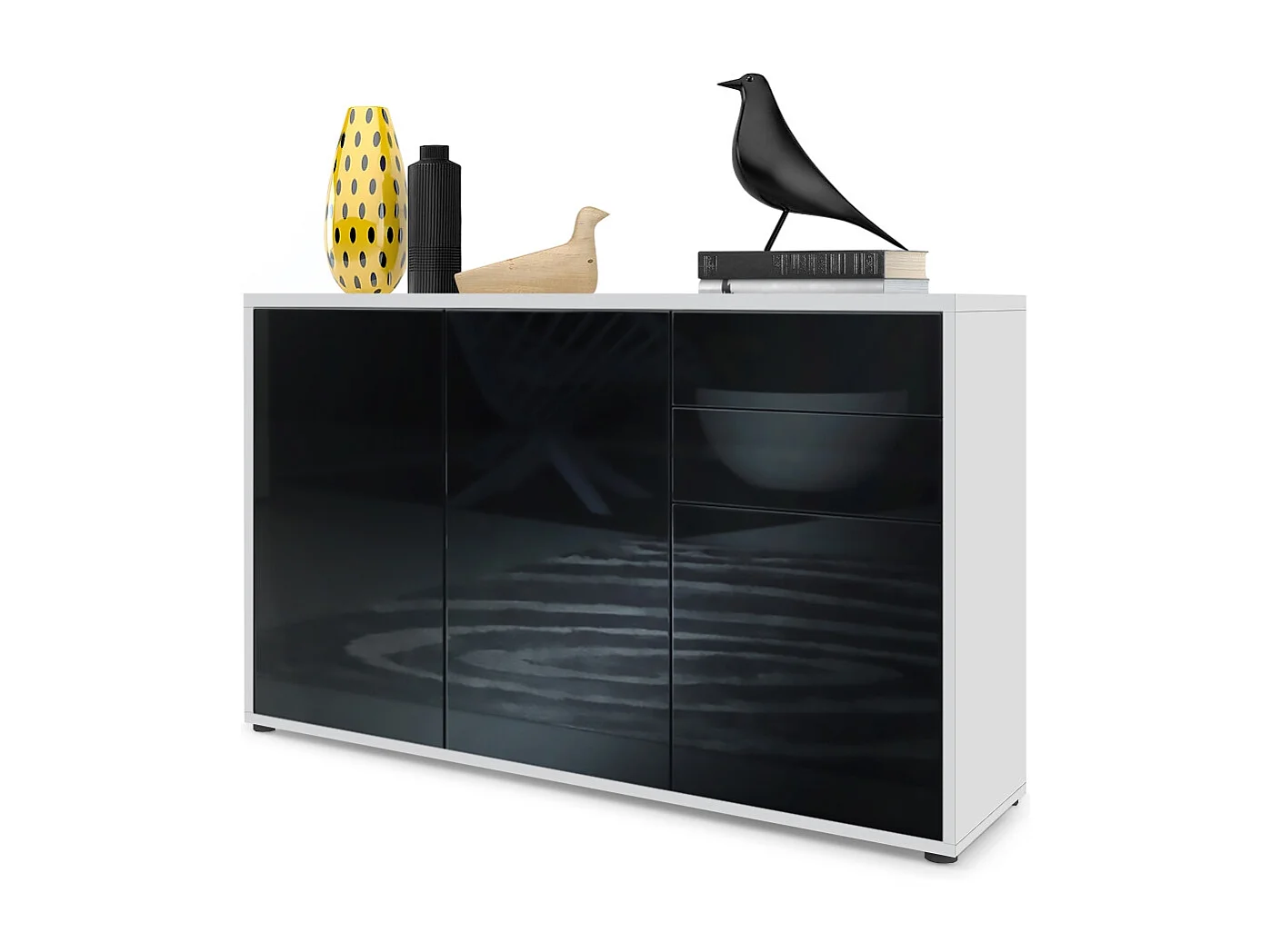 Vladon Cajonera Ben V3, Cómoda con 3 Puertas y 2 Cajones, Blanco mate/Negro de alto brillo (117 x 74 x 36 cm)