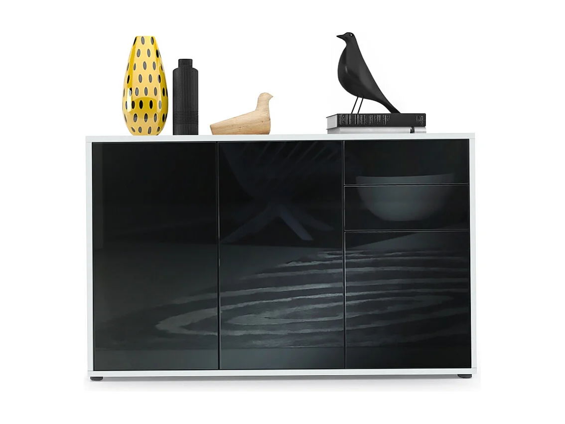 Vladon Cajonera Ben V3, Cómoda con 3 Puertas y 2 Cajones, Blanco mate/Negro de alto brillo (117 x 74 x 36 cm)