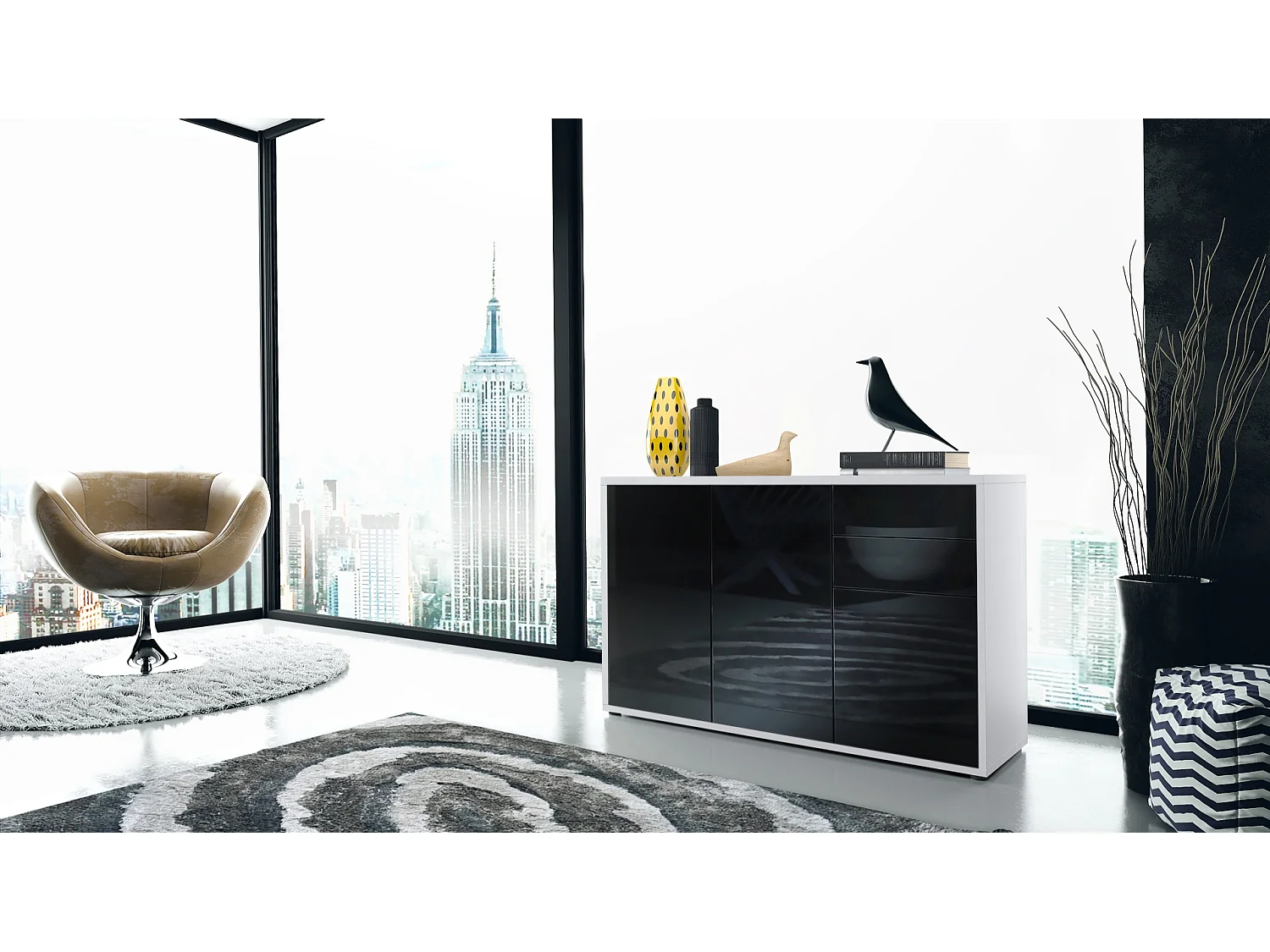 Vladon Cajonera Ben V3, Cómoda con 3 Puertas y 2 Cajones, Blanco mate/Negro de alto brillo (117 x 74 x 36 cm)