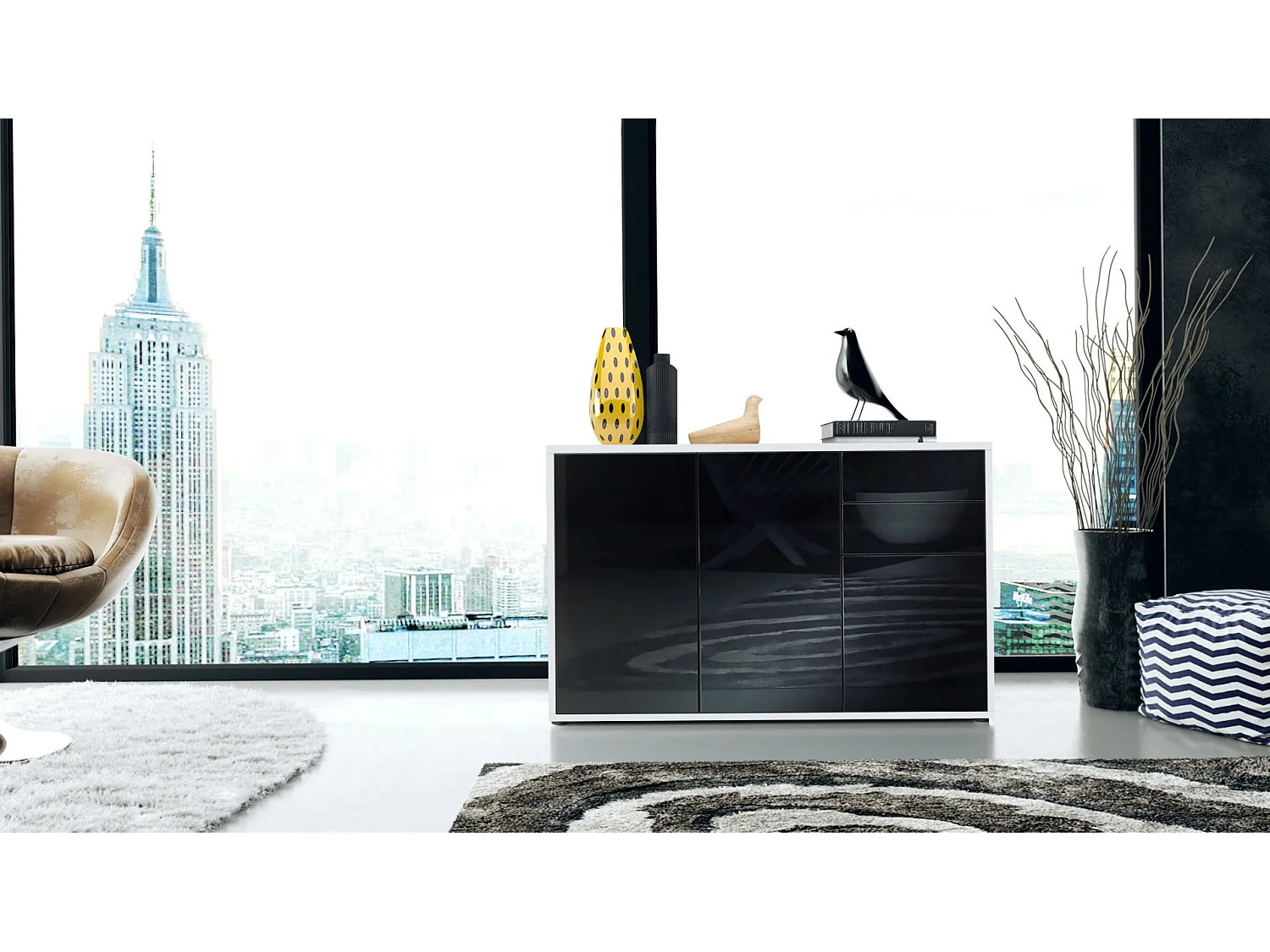 Vladon Cajonera Ben V3, Cómoda con 3 Puertas y 2 Cajones, Blanco mate/Negro de alto brillo (117 x 74 x 36 cm)