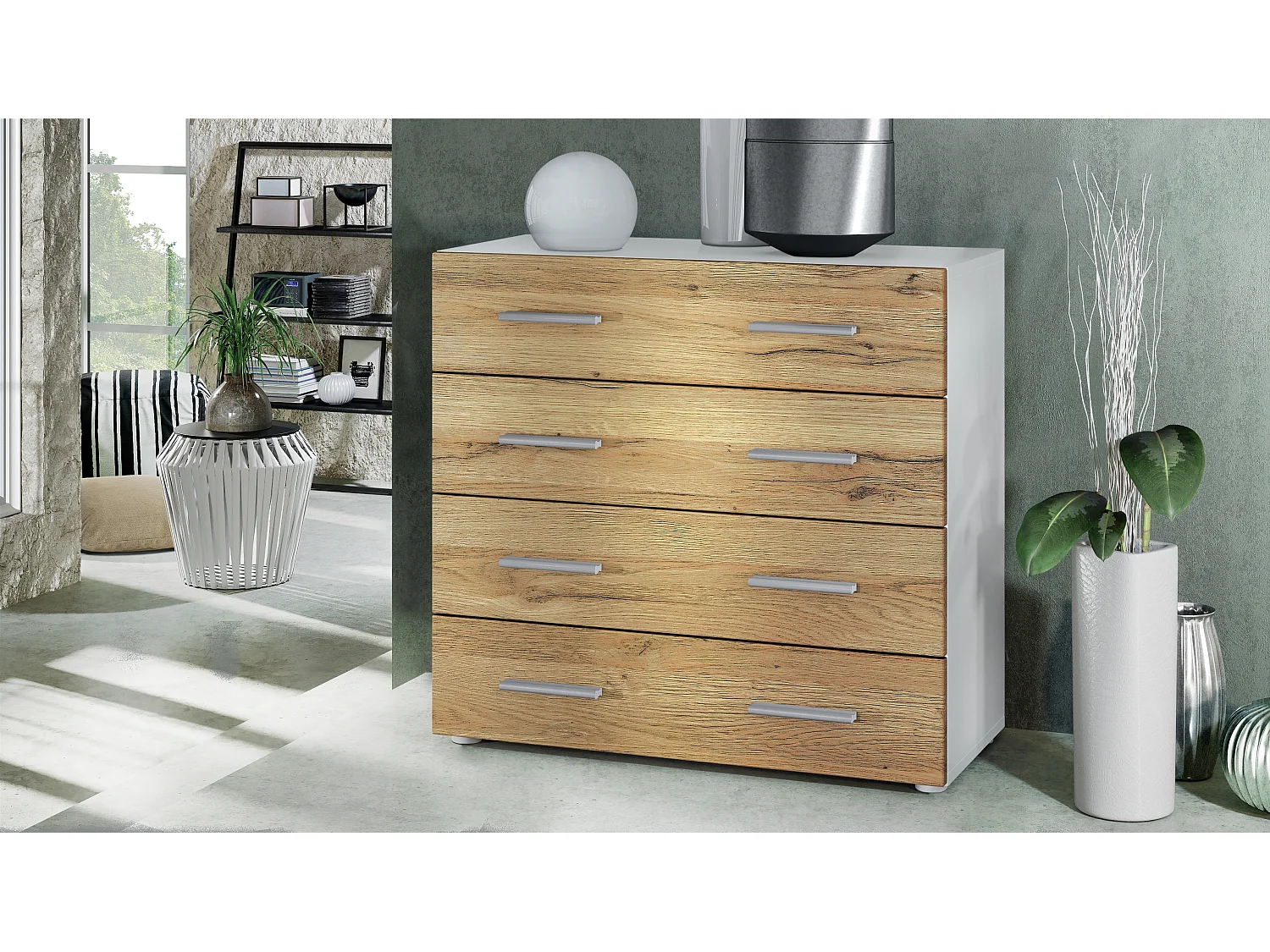 Vladon Madia Pavos, mobile con 4 cassetti, bianco opaco/rovere naturale (76 x 72 x 35 cm)