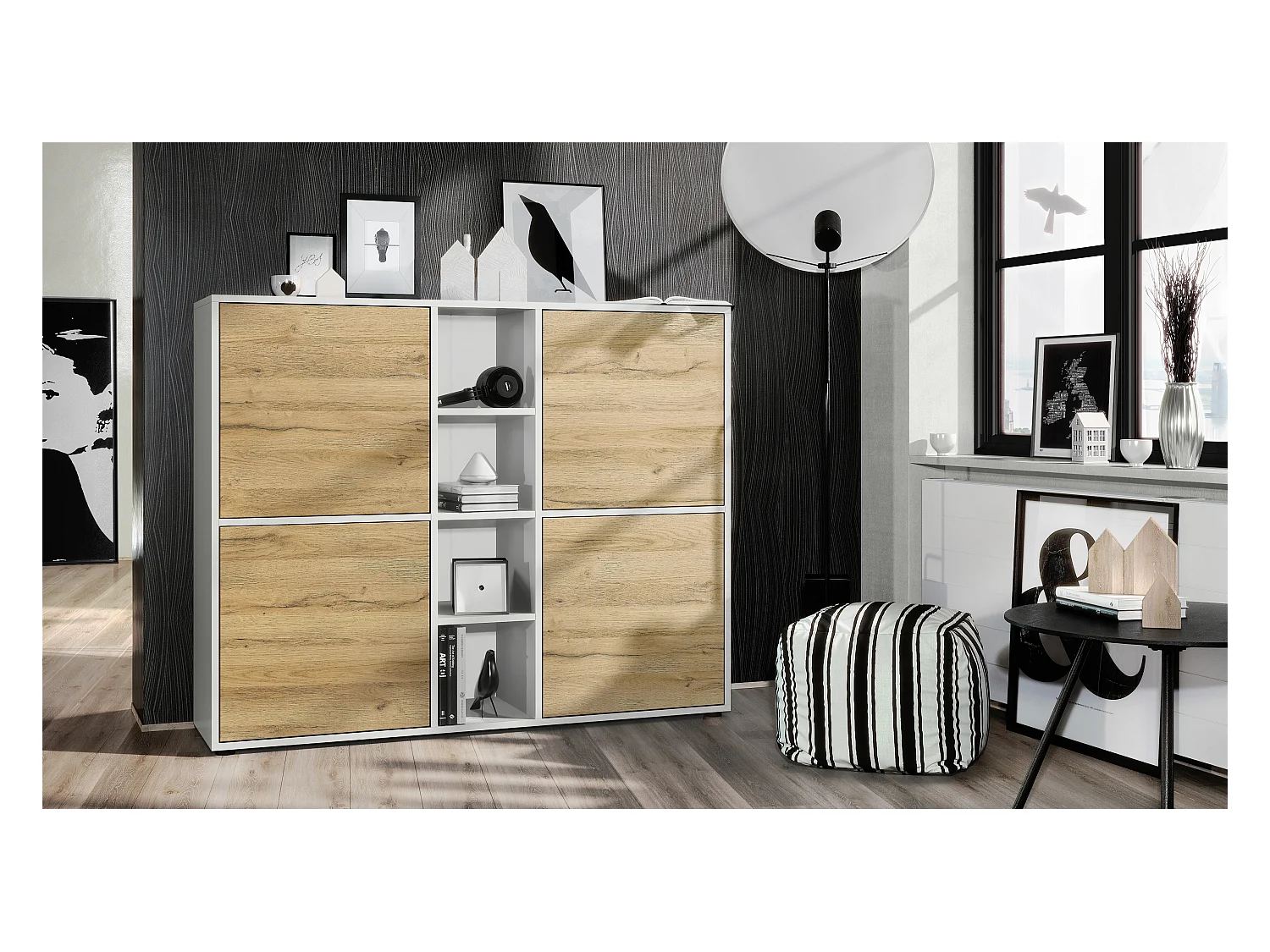 Highboard Cuba V3, blanc mat/chêne nature - Buffet moderne à 12 compartiments (130,5 x 105,5 x 35,5 cm)