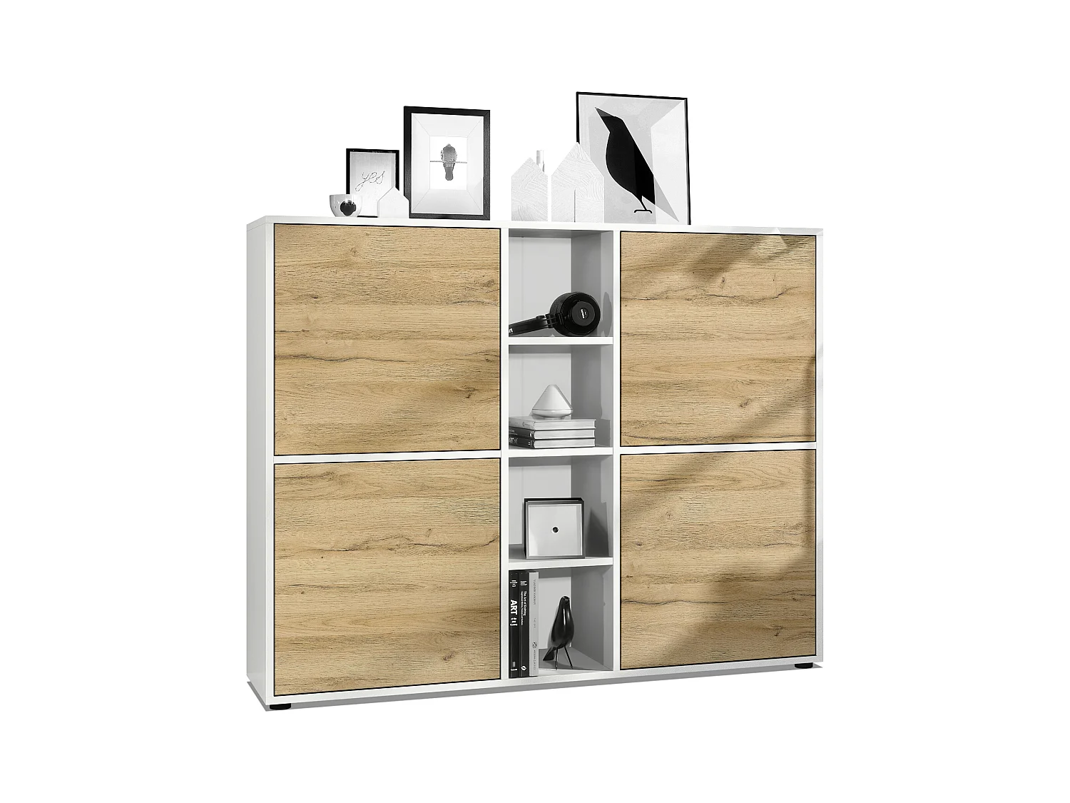 Highboard Cuba V3, blanc mat/chêne nature - Buffet moderne à 12 compartiments (130,5 x 105,5 x 35,5 cm)