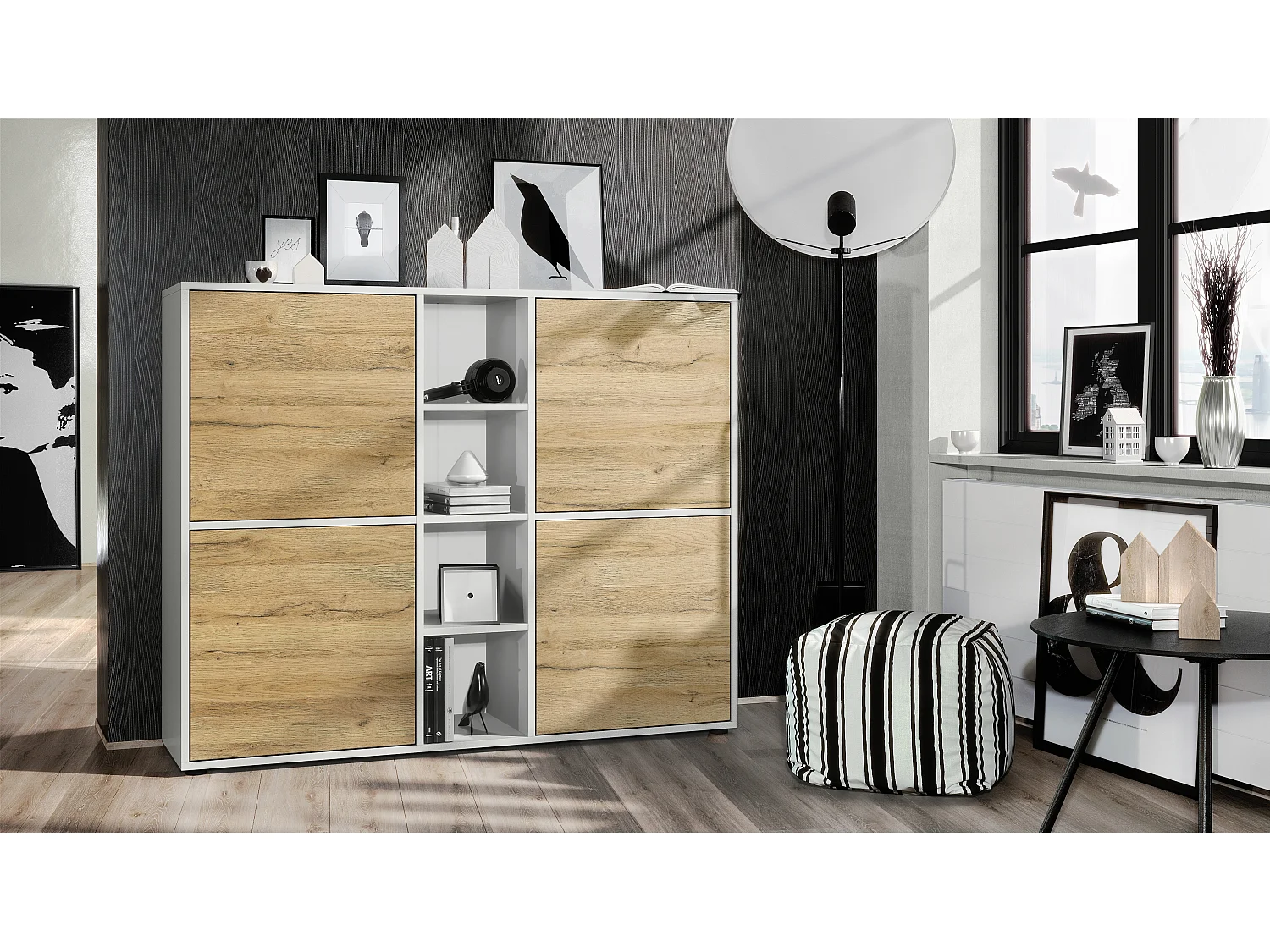 Vladon Credenza Cuba V3, bianco opaco/rovere naturale - Credenza moderna con 12 scomparti (130,5 x 105,5 x 35,5 cm)