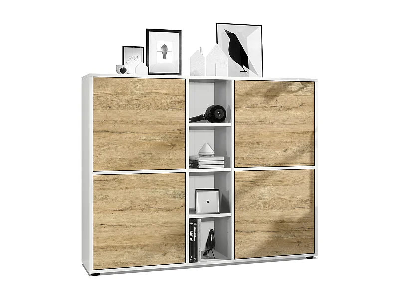 Highboard Cuba V3, blanc mat/chêne nature - Buffet moderne à 12 compartiments (130,5 x 105,5 x 35,5 cm)