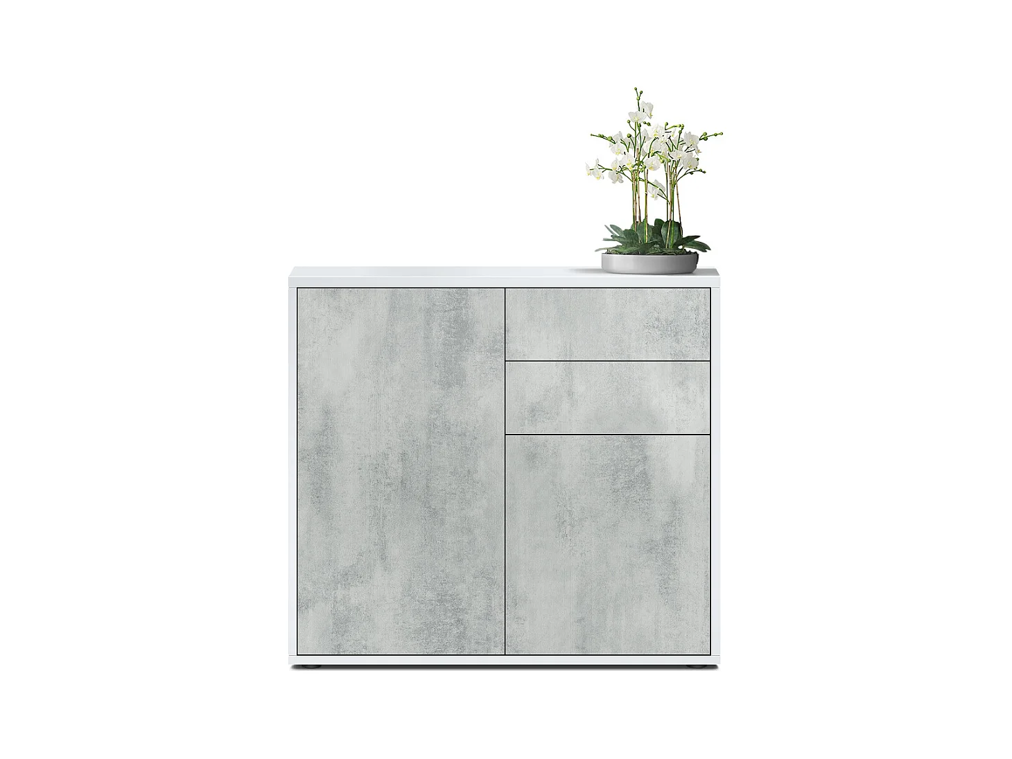 Buffet Ben, Commode avec 2 portes et 2 tiroirs, Blanc mat/Aspect Béton Oxyde (79 x 74 x 36 cm)