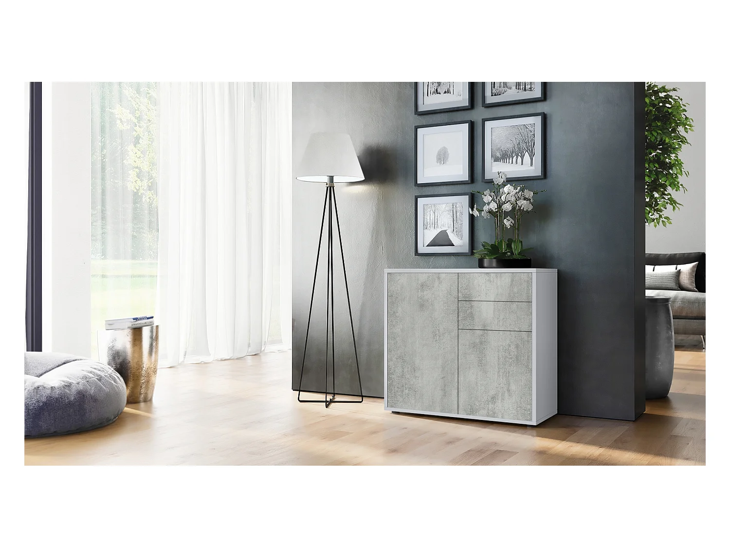 Buffet Ben, Commode avec 2 portes et 2 tiroirs, Blanc mat/Aspect Béton Oxyde (79 x 74 x 36 cm)