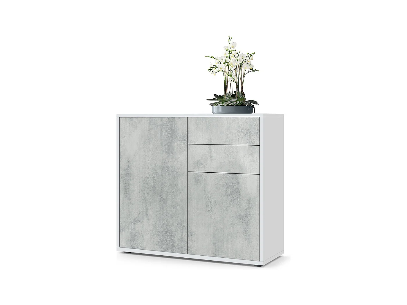 Buffet Ben, Commode avec 2 portes et 2 tiroirs, Blanc mat/Aspect Béton Oxyde (79 x 74 x 36 cm)