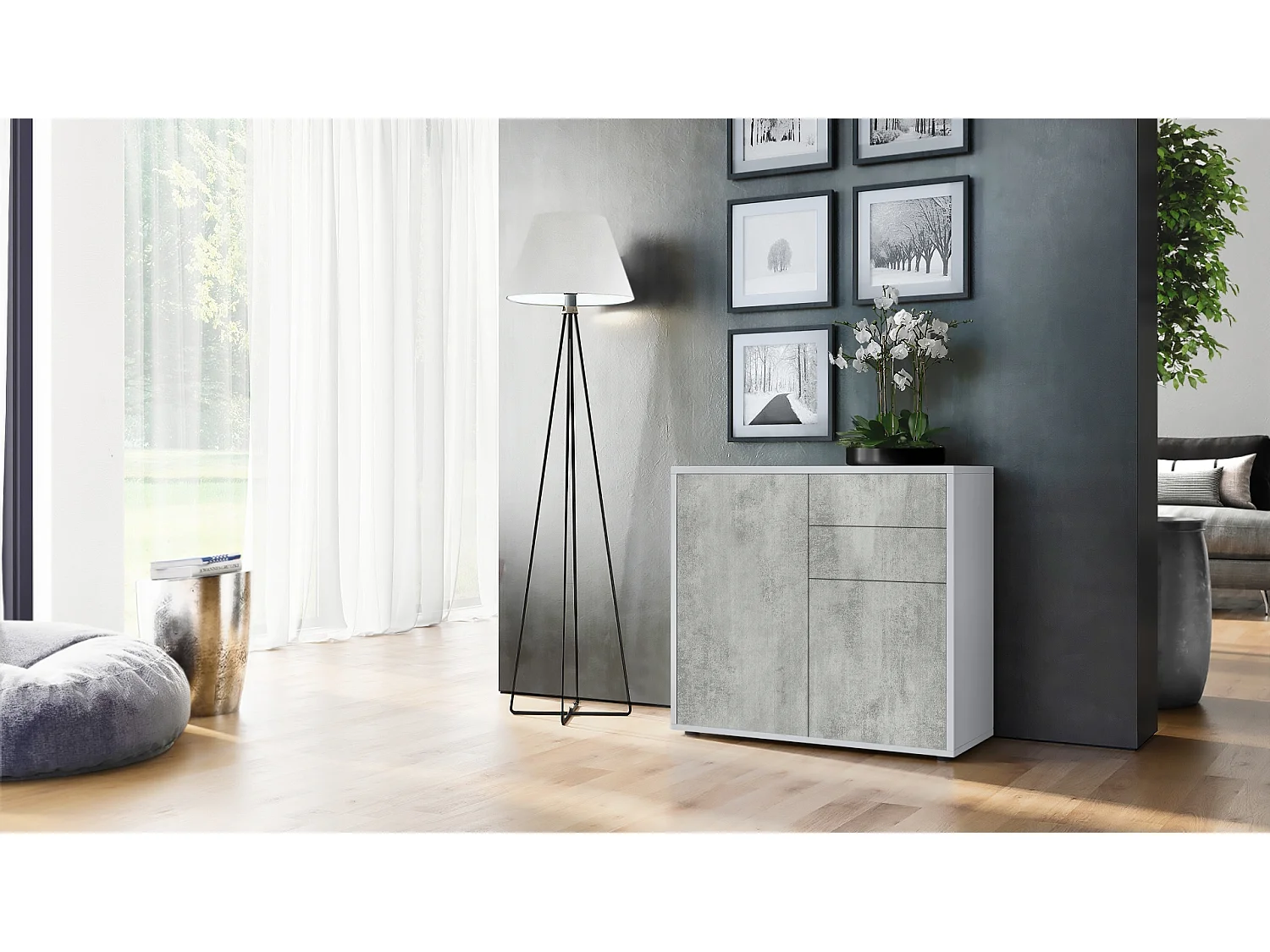 Buffet Ben, Commode avec 2 portes et 2 tiroirs, Blanc mat/Aspect Béton Oxyde (79 x 74 x 36 cm)