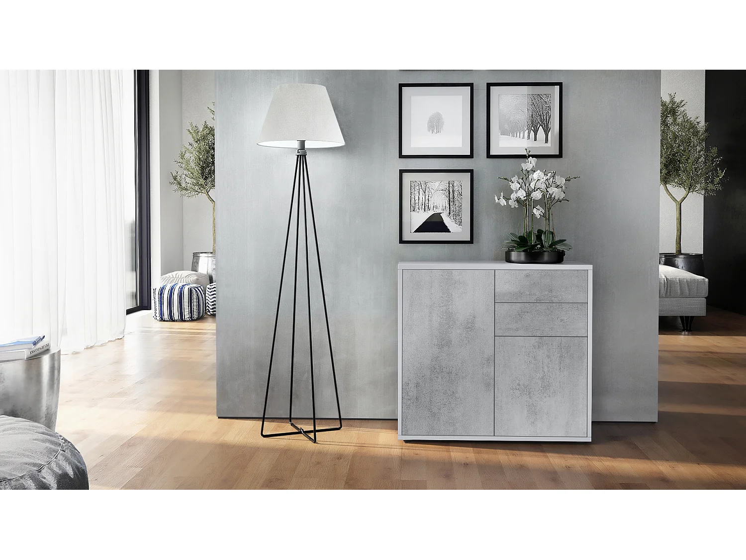 Buffet Ben, Commode avec 2 portes et 2 tiroirs, Blanc mat/Aspect Béton Oxyde (79 x 74 x 36 cm)