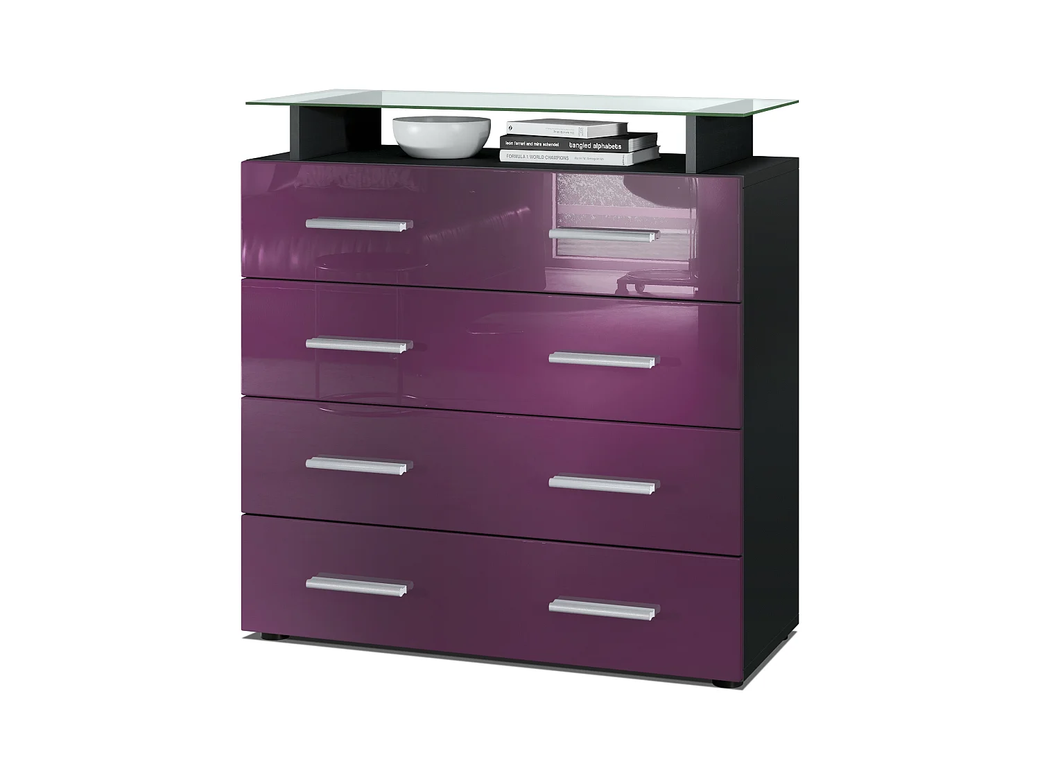 Buffet Pavos V2, Commode avec 4 tiroirs et mini-étagère en verre, noir mat/mûre haute brillance (76 x 81 x 35 cm)