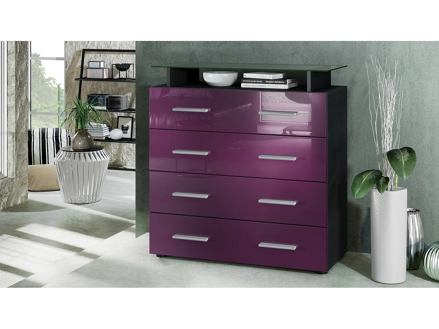 Vladon Madia Pavos V2, Mobile con 4 cassetti e ripiano in vetro, nero opaco/violetto porpora lucido (76 x 81 x 35 cm)
