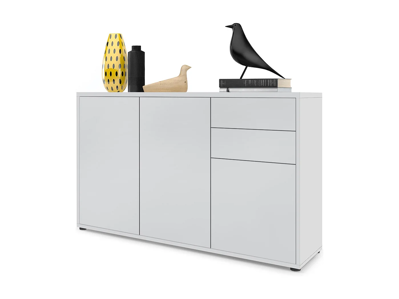 Buffet Ben V3, Commode avec 3 portes et 2 tiroirs, Blanc mat/Blanc mat (117 x 74 x 36 cm)