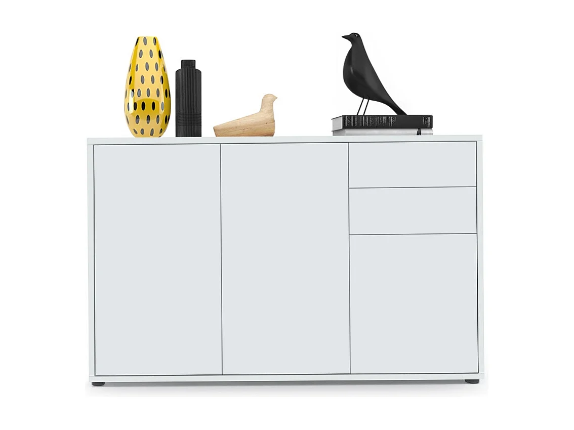 Buffet Ben V3, Commode avec 3 portes et 2 tiroirs, Blanc mat/Blanc mat (117 x 74 x 36 cm)