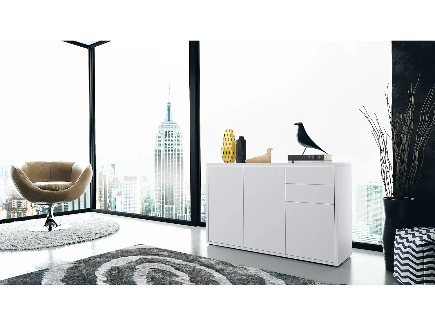 Buffet Ben V3, Commode avec 3 portes et 2 tiroirs, Blanc mat/Blanc mat (117 x 74 x 36 cm)