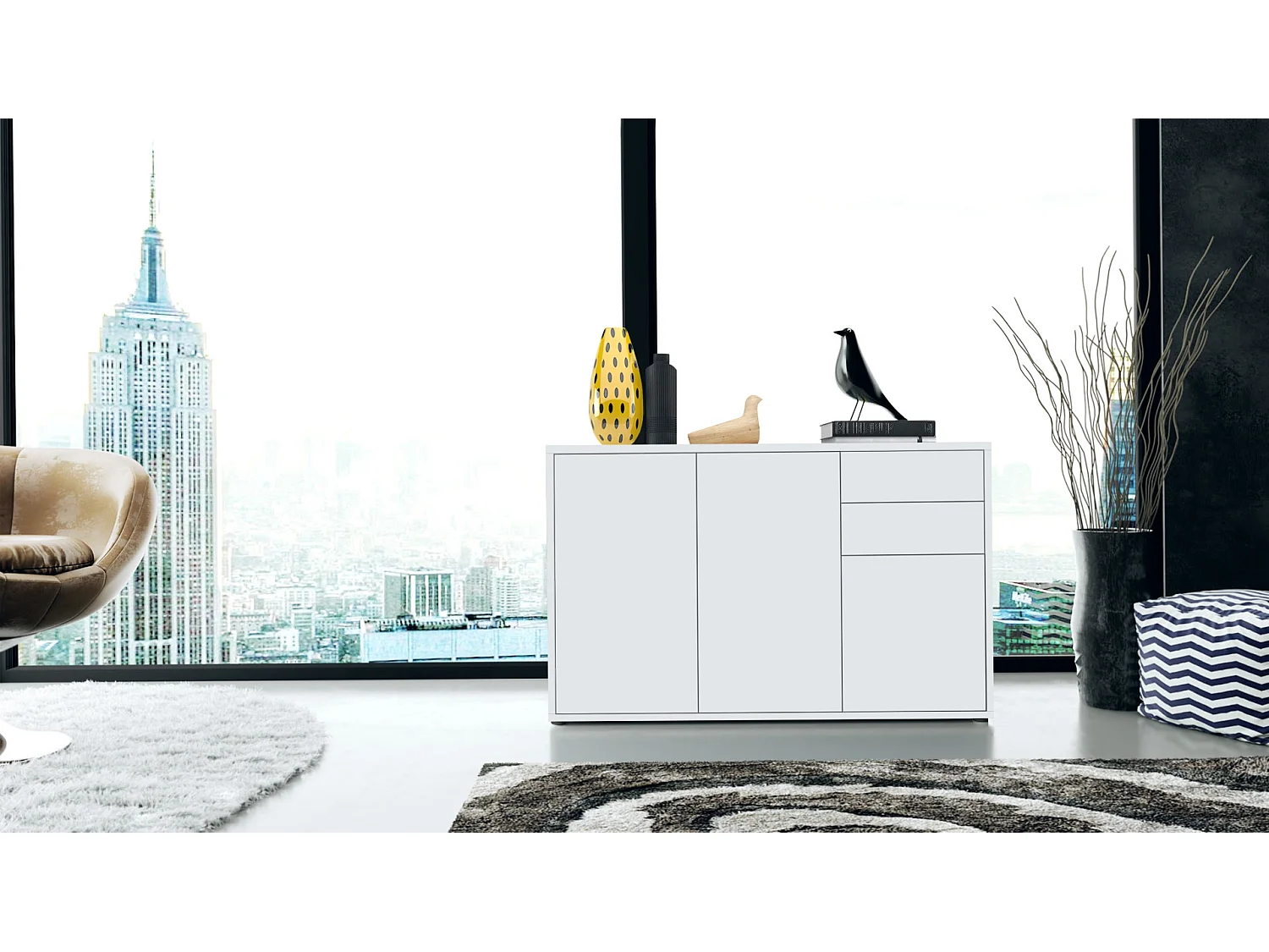 Buffet Ben V3, Commode avec 3 portes et 2 tiroirs, Blanc mat/Blanc mat (117 x 74 x 36 cm)