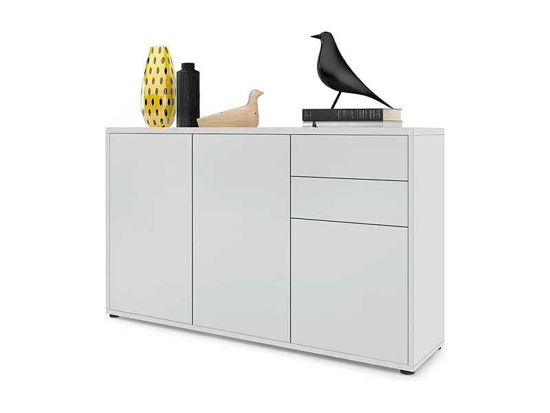 Buffet Ben V3, Commode avec 3 portes et 2 tiroirs, Blanc mat/Blanc mat (117 x 74 x 36 cm)