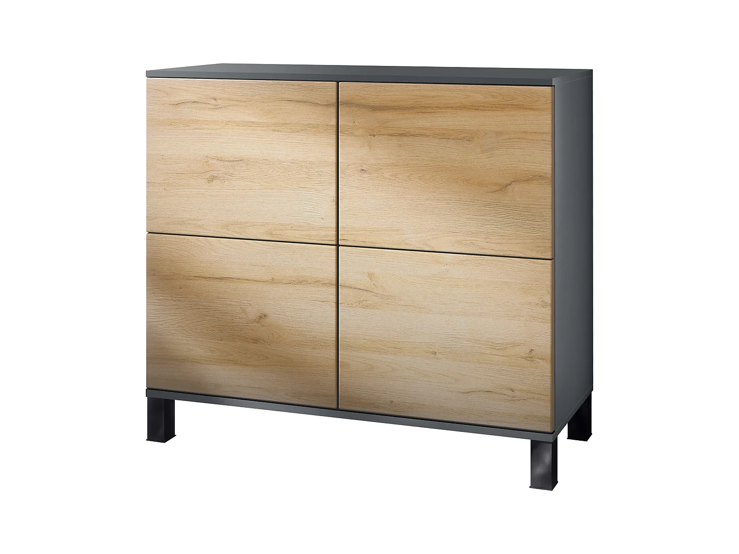 Buffet Rova V3 – Meuble de cuisine moderne avec 4 portes Push-to-Open anthracite mat / chêne nature (92,5 x 84.5 x 35)