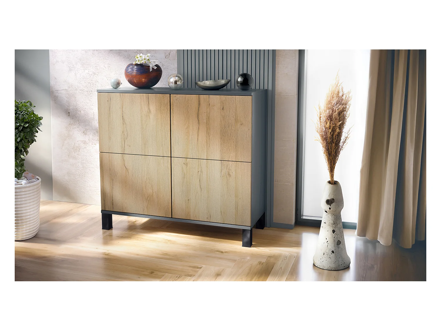 Buffet Rova V3 – Meuble de cuisine moderne avec 4 portes Push-to-Open anthracite mat / chêne nature (92,5 x 84.5 x 35)