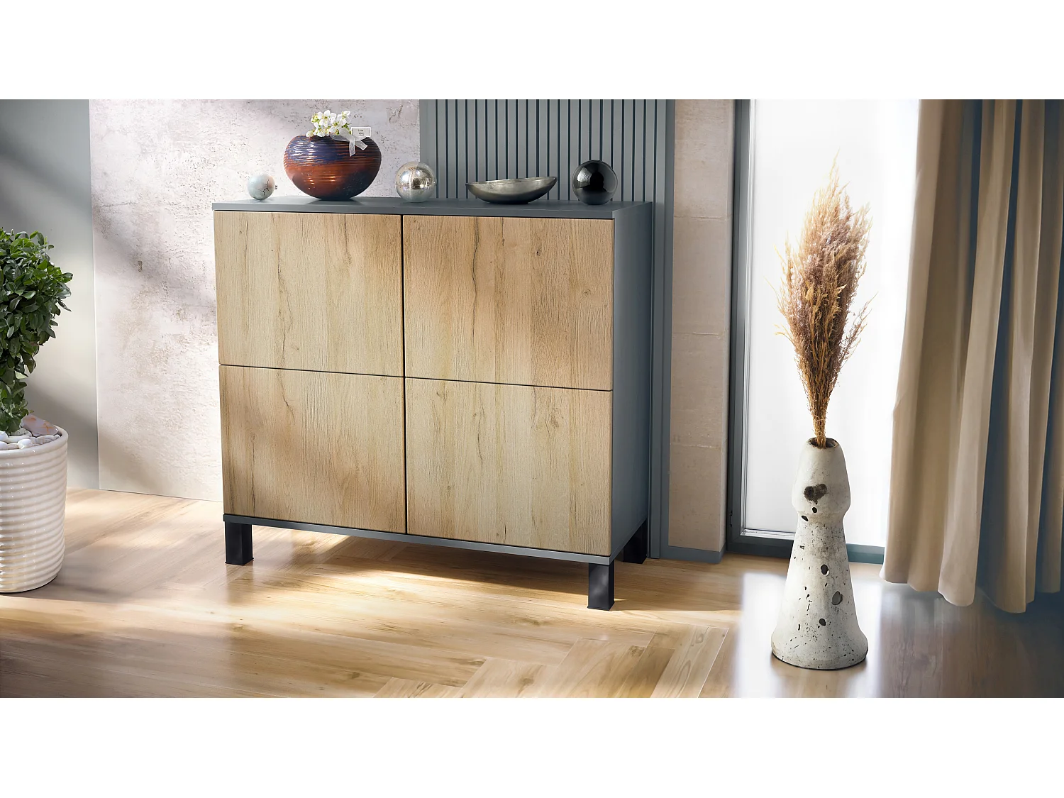 Credenza Rova V3 – Mobile da cucina moderno con 4 ante Push-to-Open antracite opaco  / rovere naturale (92,5 x 84.5 x 35)