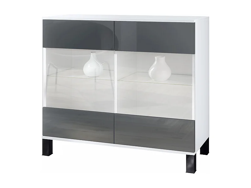 Cómoda Bari V3, Moderno armario de cocina con 2 grandes puertas de cristal blanco mate / gris de alto brillo (92,5 x 84.5 x 35)
