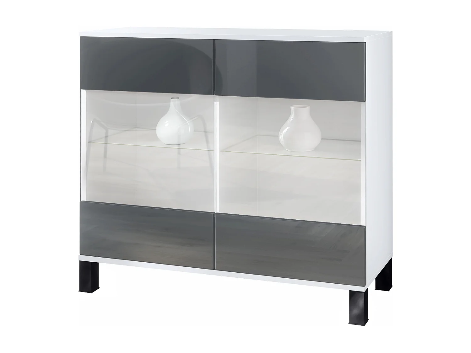 Cómoda Bari V3, Moderno armario de cocina con 2 grandes puertas de cristal blanco mate / gris de alto brillo (92,5 x 84.5 x 35)