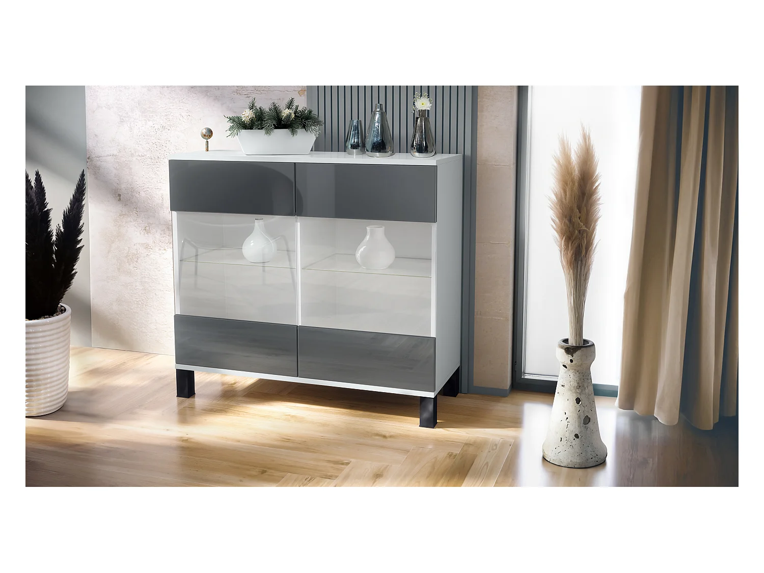 Cómoda Bari V3, Moderno armario de cocina con 2 grandes puertas de cristal blanco mate / gris de alto brillo (92,5 x 84.5 x 35)