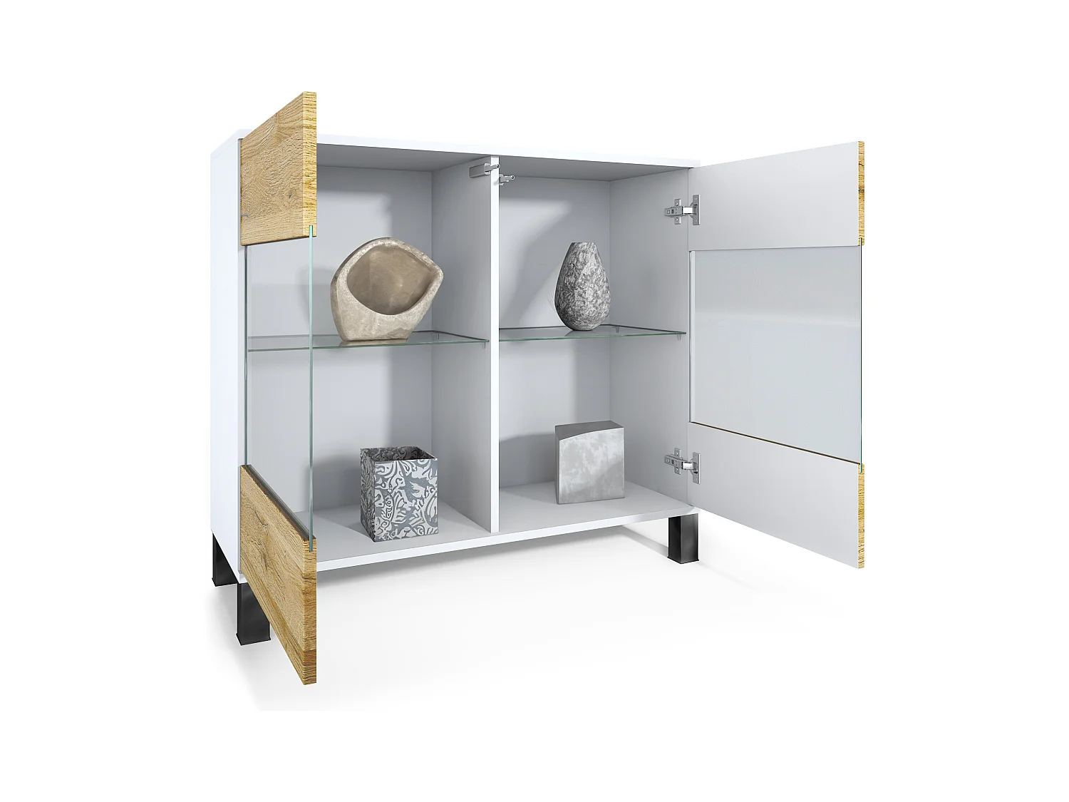 Cómoda Bari V3, Moderno armario de cocina con 2 grandes puertas de cristal blanco mate / gris de alto brillo (92,5 x 84.5 x 35)