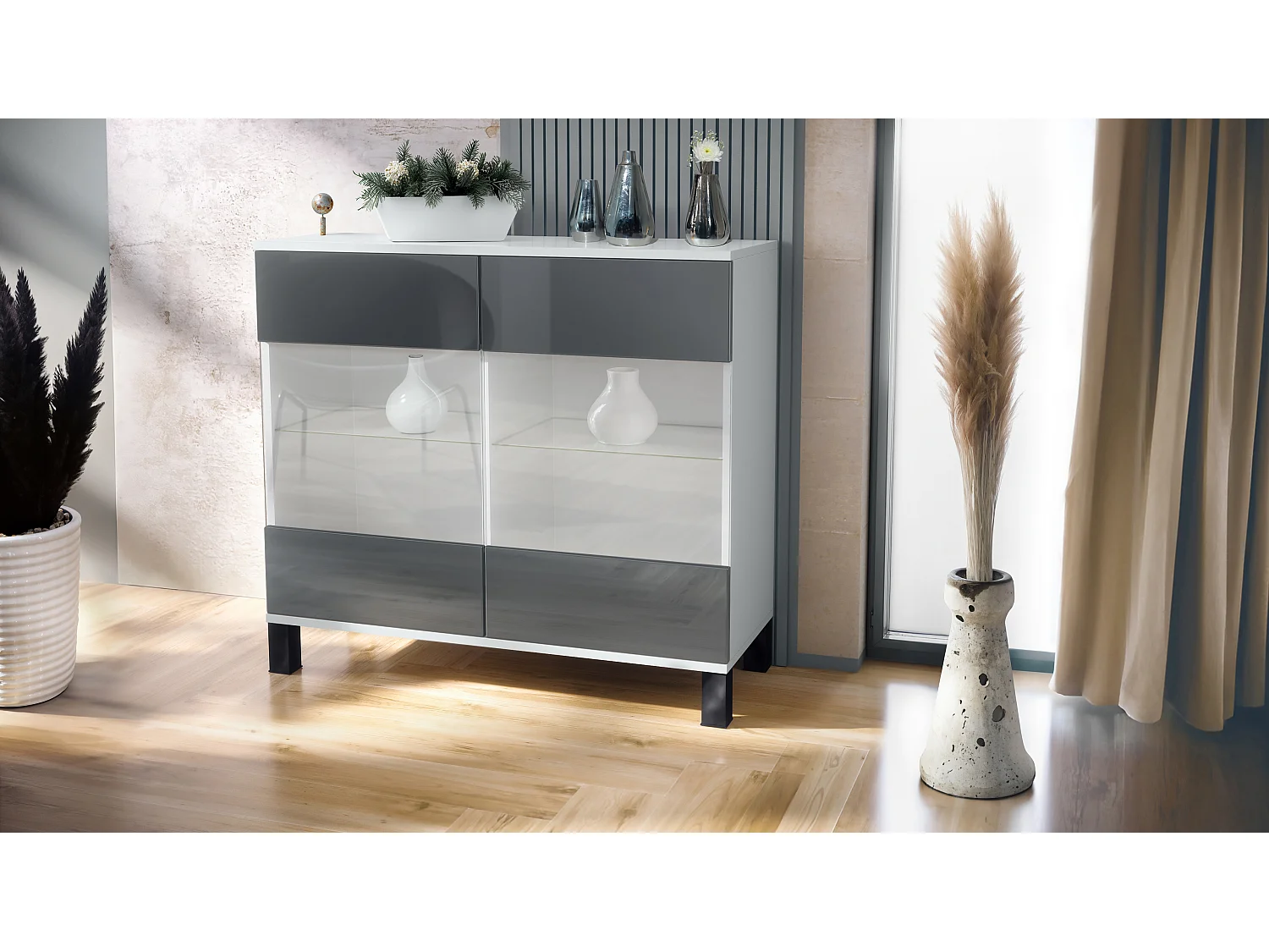 Commode Bari V3, Armoire de cuisine moderne avec 2 grandes portes vitrées blanc mat / gris haute brillance (92,5 x 84.5 x 35)