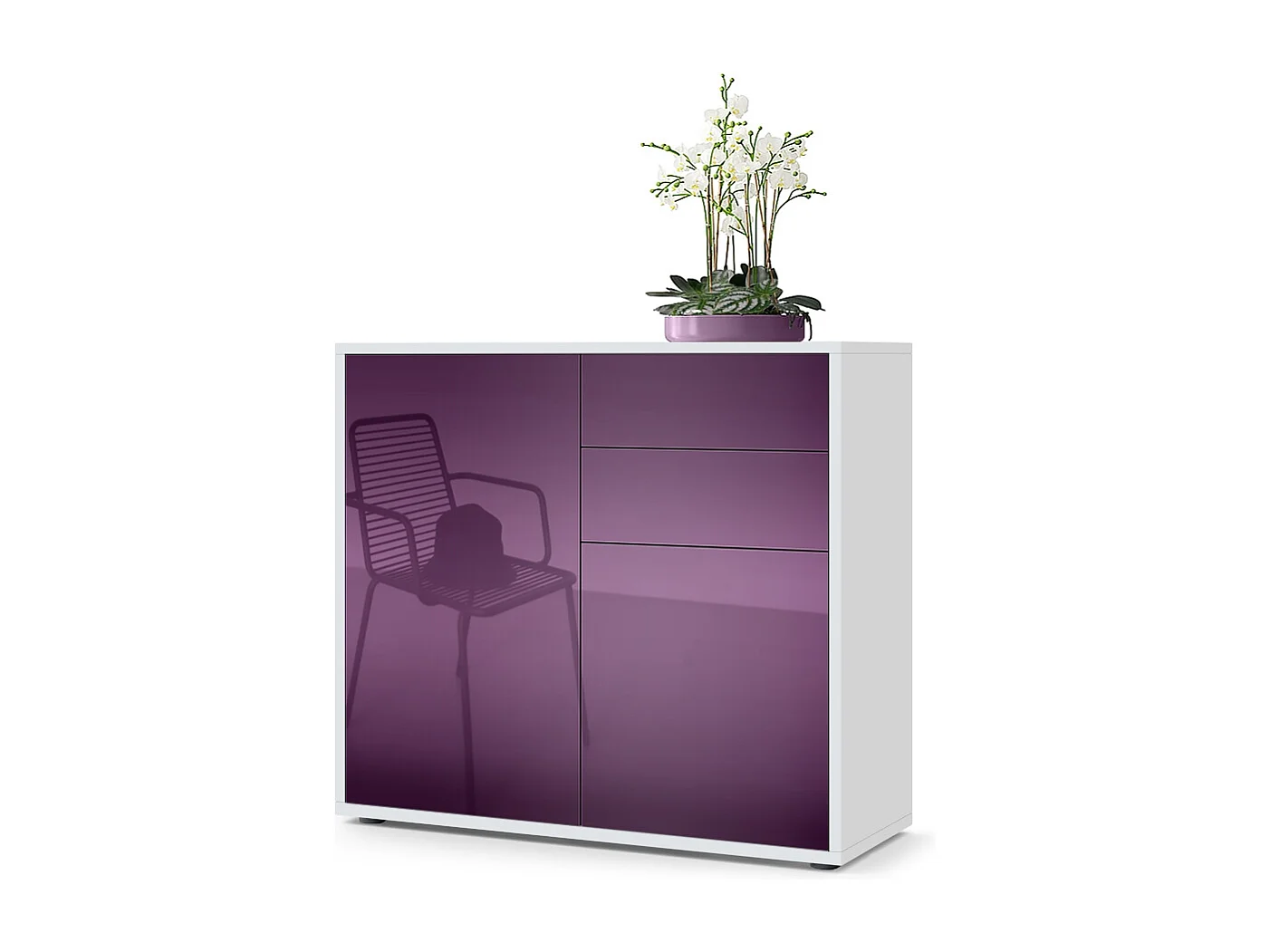 Buffet Ben, Commode avec 2 portes et 2 tiroirs, Blanc mat/Mûre haute brillance (79 x 74 x 36 cm)