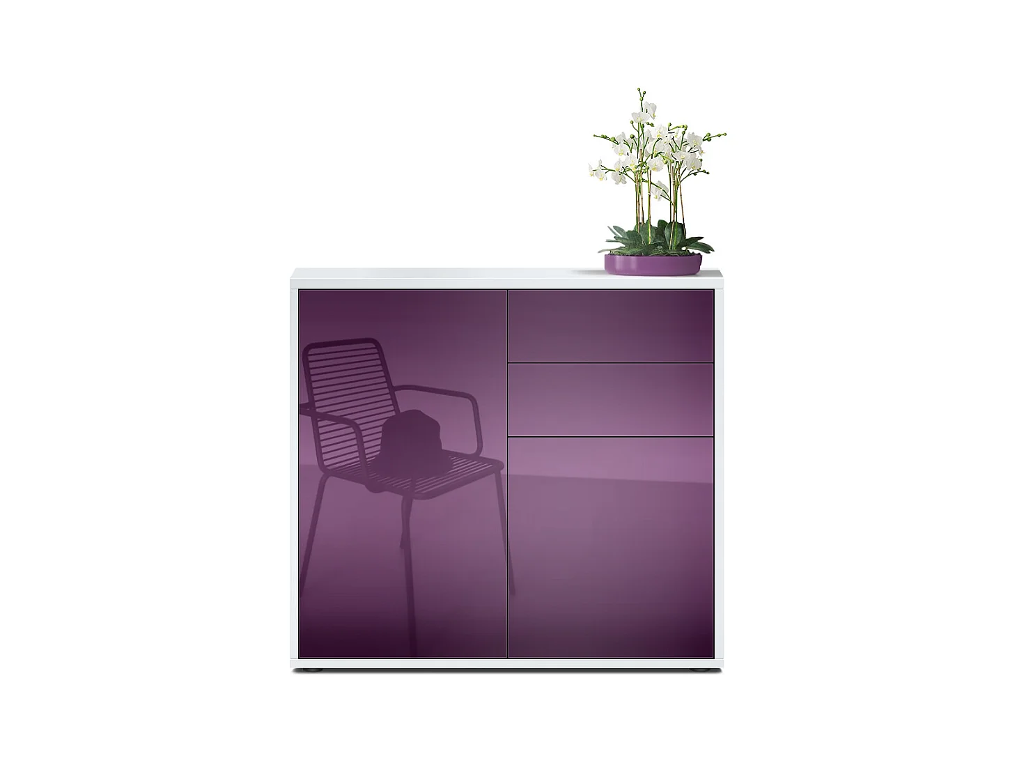 Buffet Ben, Commode avec 2 portes et 2 tiroirs, Blanc mat/Mûre haute brillance (79 x 74 x 36 cm)