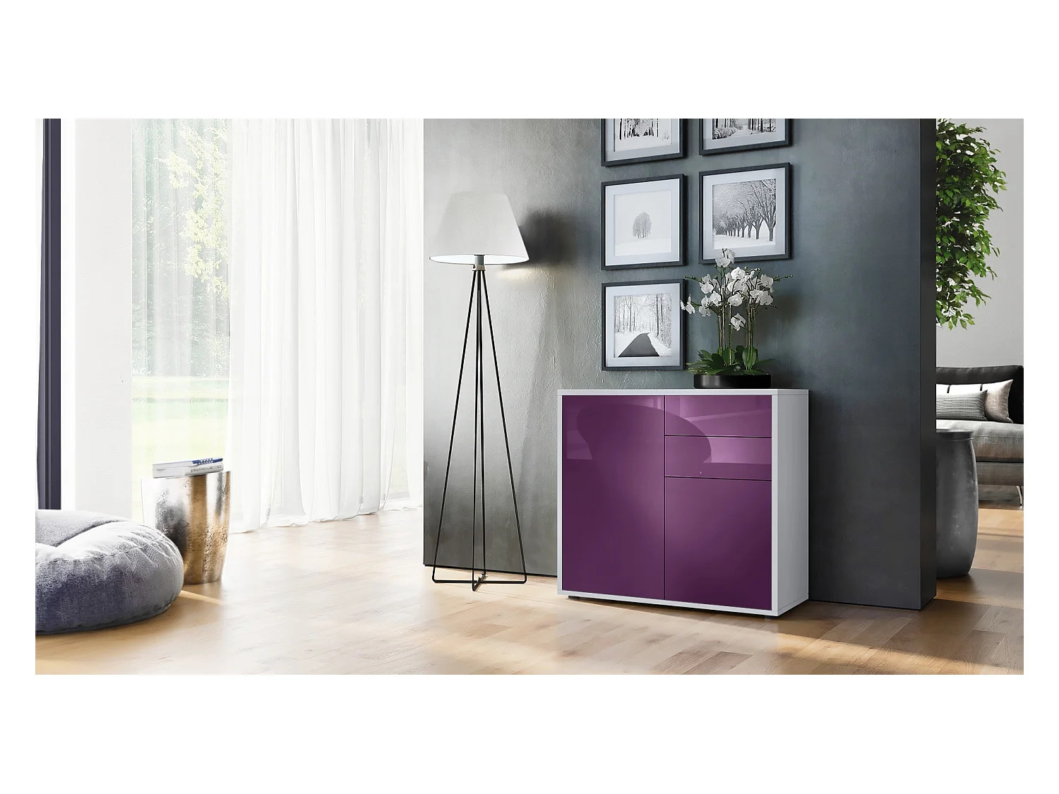 Buffet Ben, Commode avec 2 portes et 2 tiroirs, Blanc mat/Mûre haute brillance (79 x 74 x 36 cm)