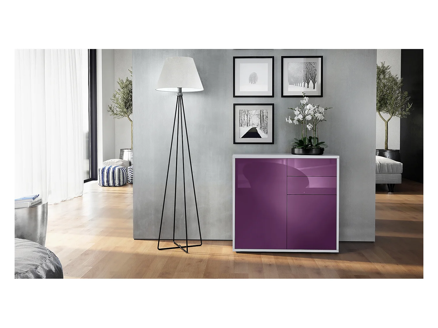 Buffet Ben, Commode avec 2 portes et 2 tiroirs, Blanc mat/Mûre haute brillance (79 x 74 x 36 cm)