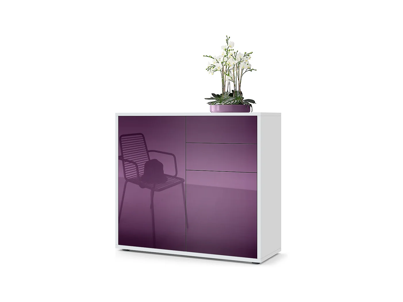 Buffet Ben, Commode avec 2 portes et 2 tiroirs, Blanc mat/Mûre haute brillance (79 x 74 x 36 cm)