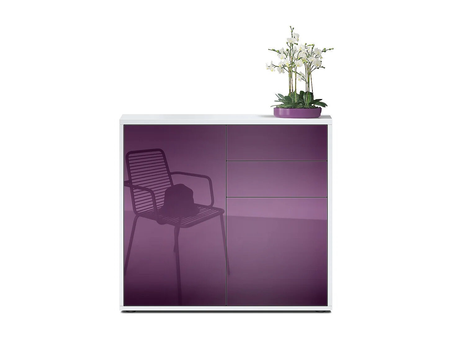 Buffet Ben, Commode avec 2 portes et 2 tiroirs, Blanc mat/Mûre haute brillance (79 x 74 x 36 cm)