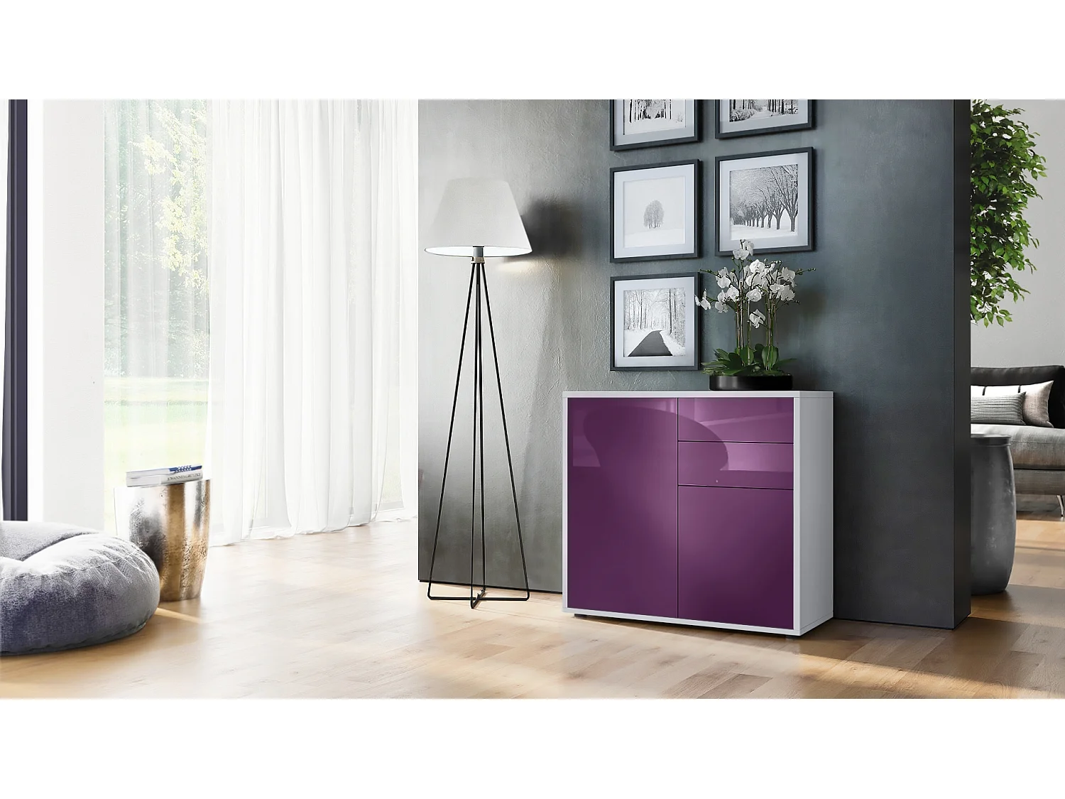 Buffet Ben, Commode avec 2 portes et 2 tiroirs, Blanc mat/Mûre haute brillance (79 x 74 x 36 cm)