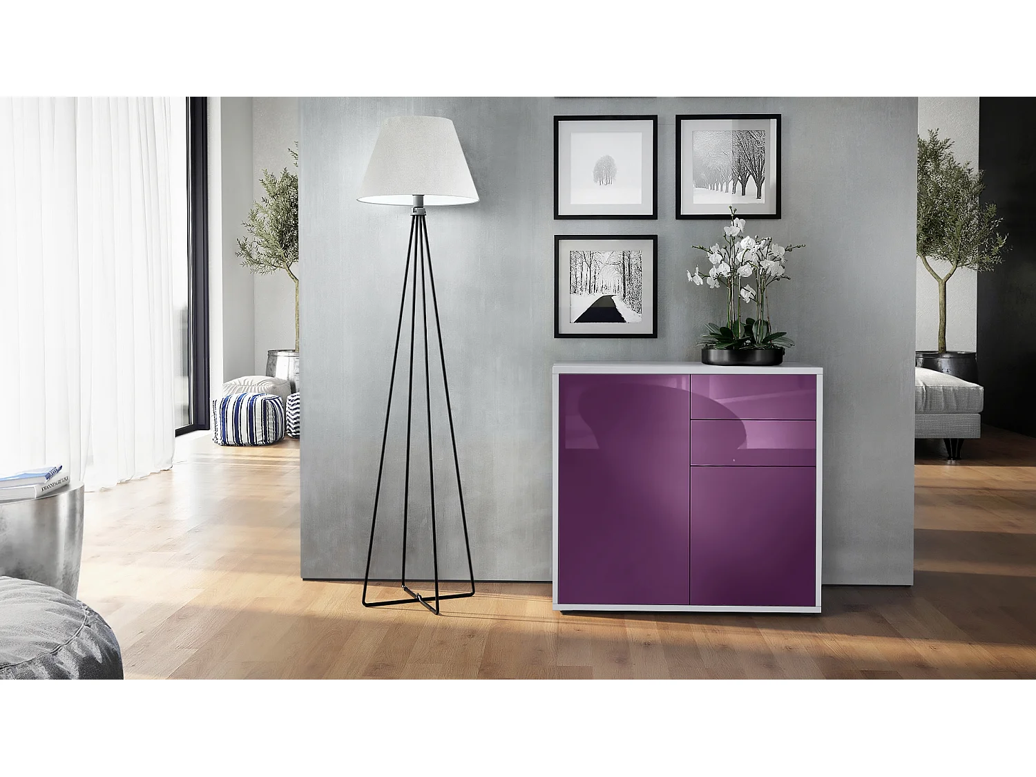 Buffet Ben, Commode avec 2 portes et 2 tiroirs, Blanc mat/Mûre haute brillance (79 x 74 x 36 cm)