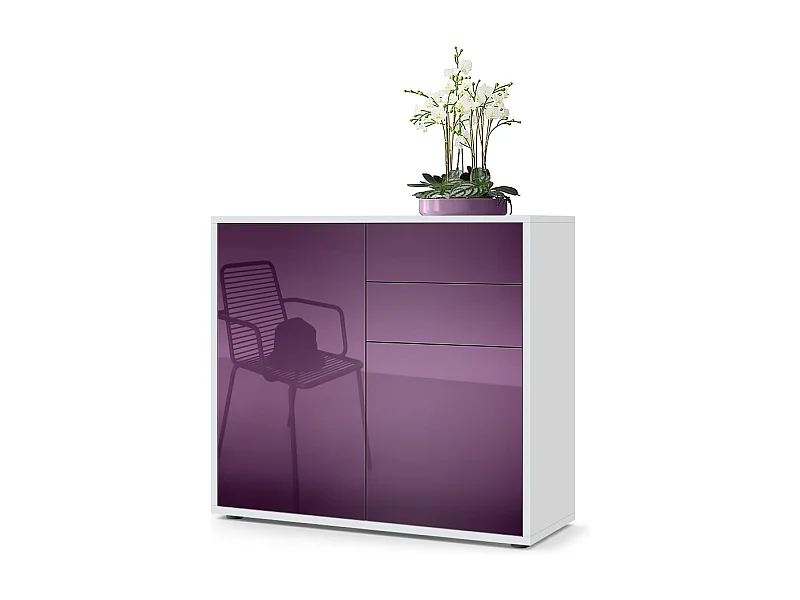 Buffet Ben, Commode avec 2 portes et 2 tiroirs, Blanc mat/Mûre haute brillance (79 x 74 x 36 cm)