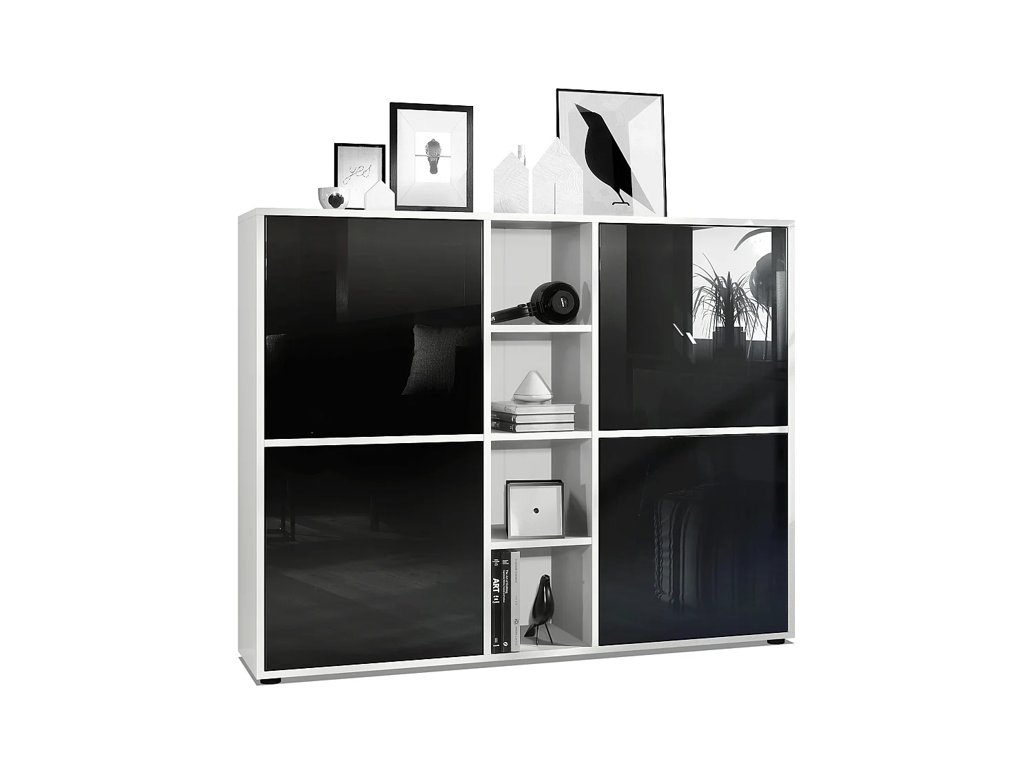 Vladon Highboard Cuba V3, blanco mate/negro de alto brillo - Aparador moderno con 12 compartimentos (130,5 x 105,5 x 35,5 cm)