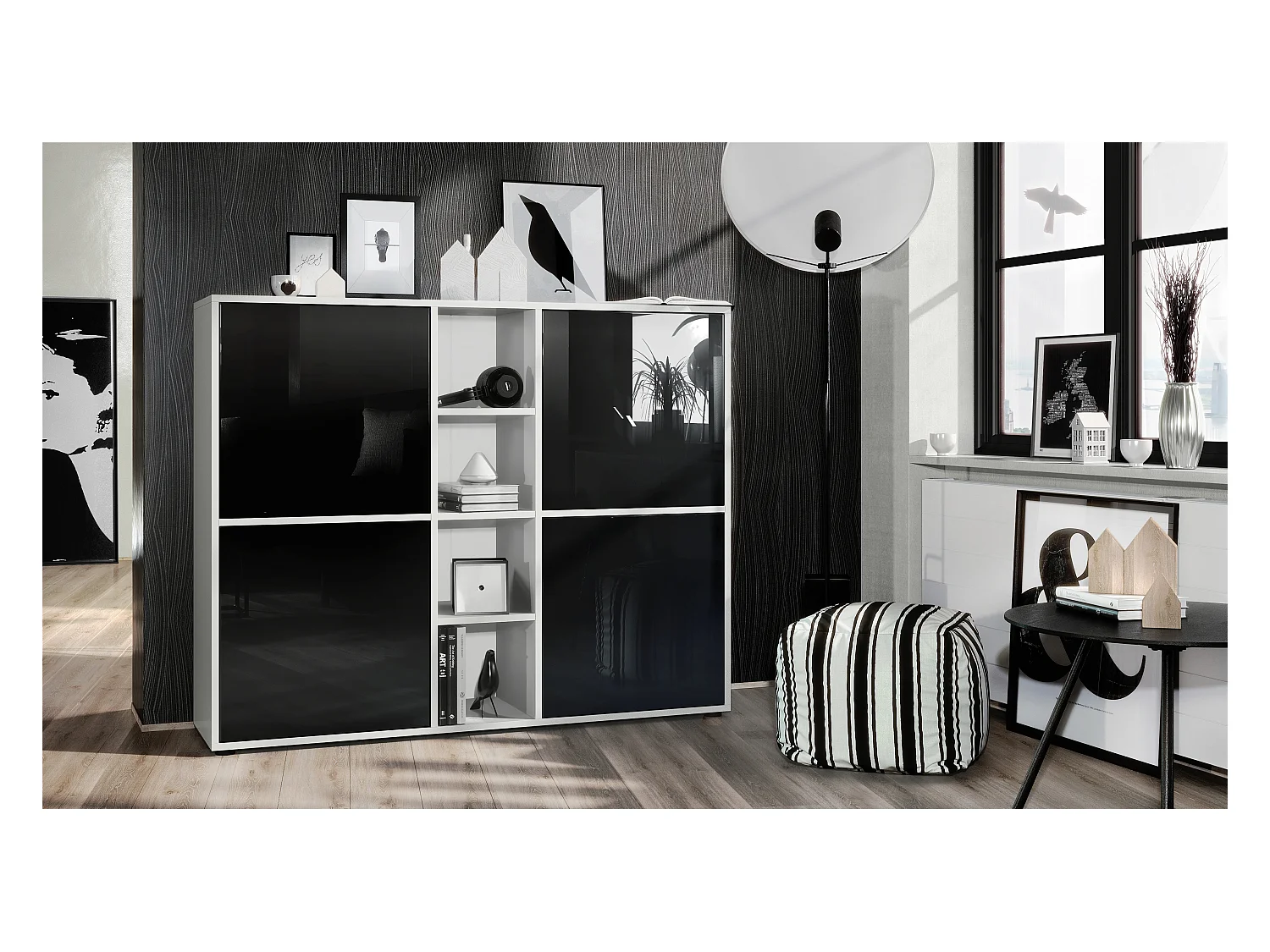Vladon Highboard Cuba V3, blanco mate/negro de alto brillo - Aparador moderno con 12 compartimentos (130,5 x 105,5 x 35,5 cm)