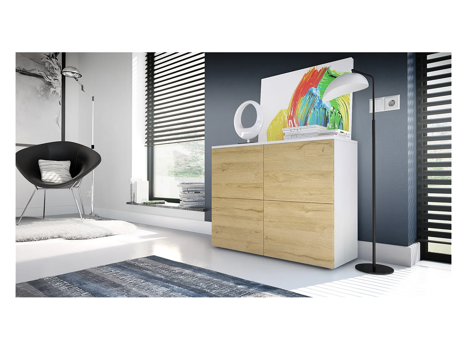 Buffet Rova, Commode avec 4 portes, Blanc mat/Chêne Nature (92 x 72 x 35 cm)