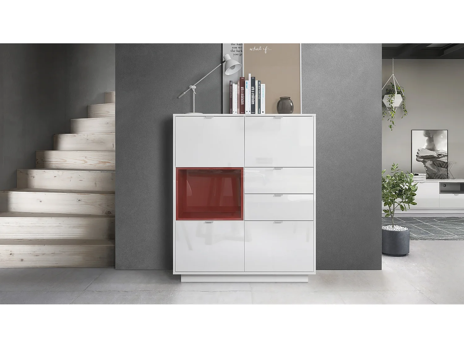 Madia Metro, struttura in bianco lucido / frontale in bianco lucido con inserto in bordeaux lucido