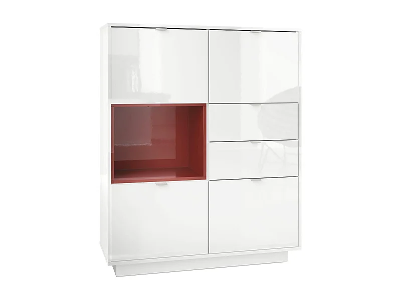 Buffet haut Armoire Metro, Corps en Blanc haute brillance / Façades en Blanc haute brillance avec une insertion en Bordeaux haute brillance