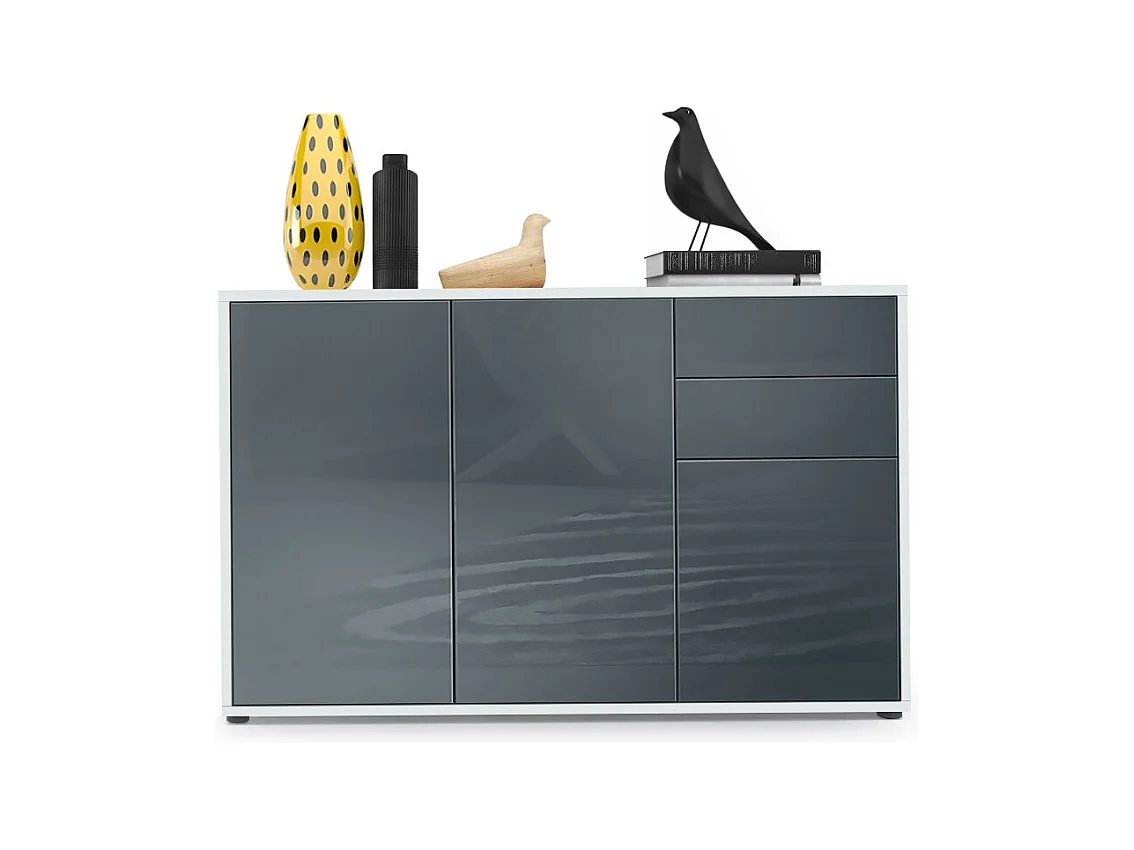 Buffet Ben V3, Commode avec 3 portes et 2 tiroirs, Blanc mat/Gris haute brillance (117 x 74 x 36 cm)