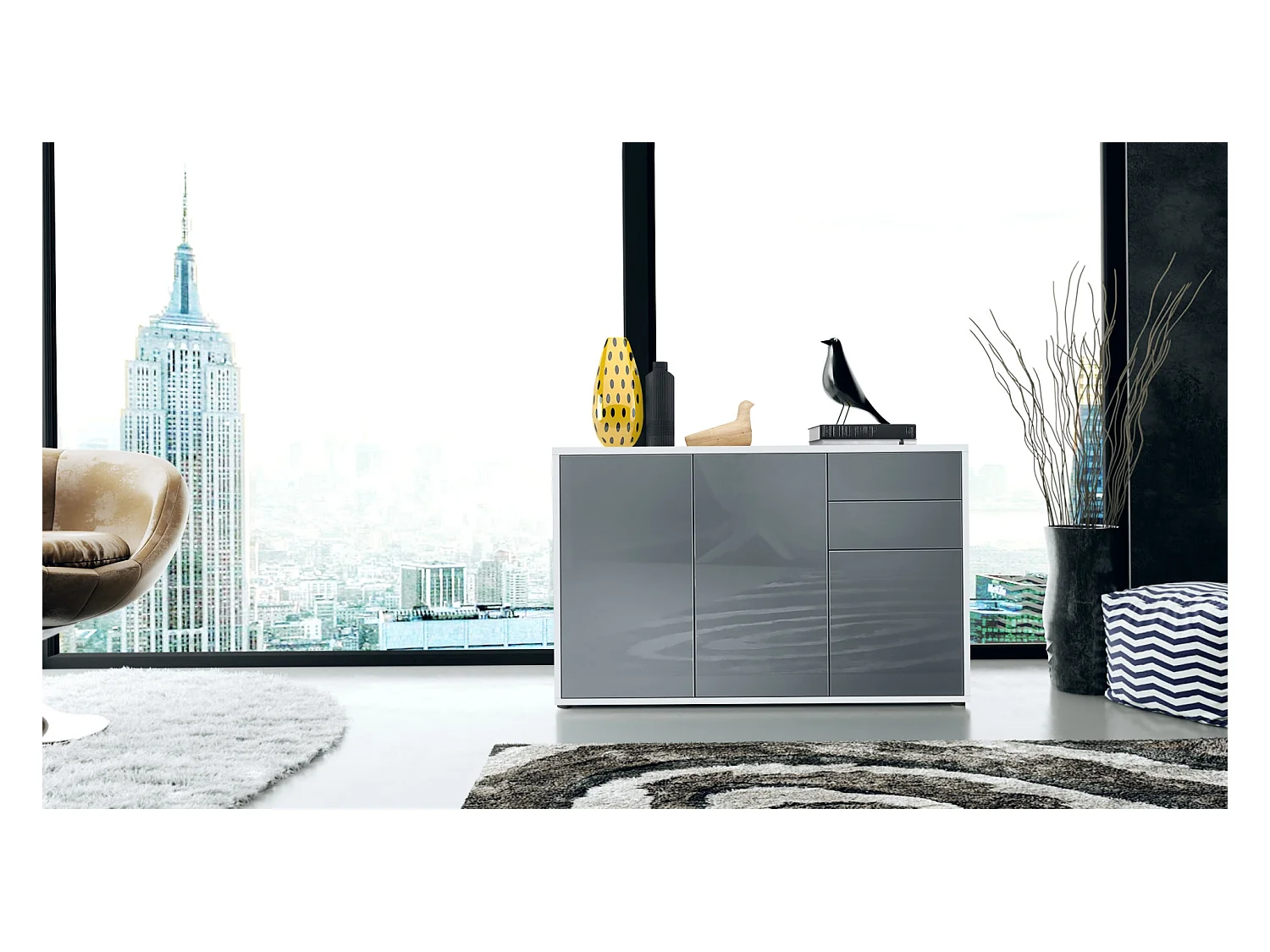 Buffet Ben V3, Commode avec 3 portes et 2 tiroirs, Blanc mat/Gris haute brillance (117 x 74 x 36 cm)